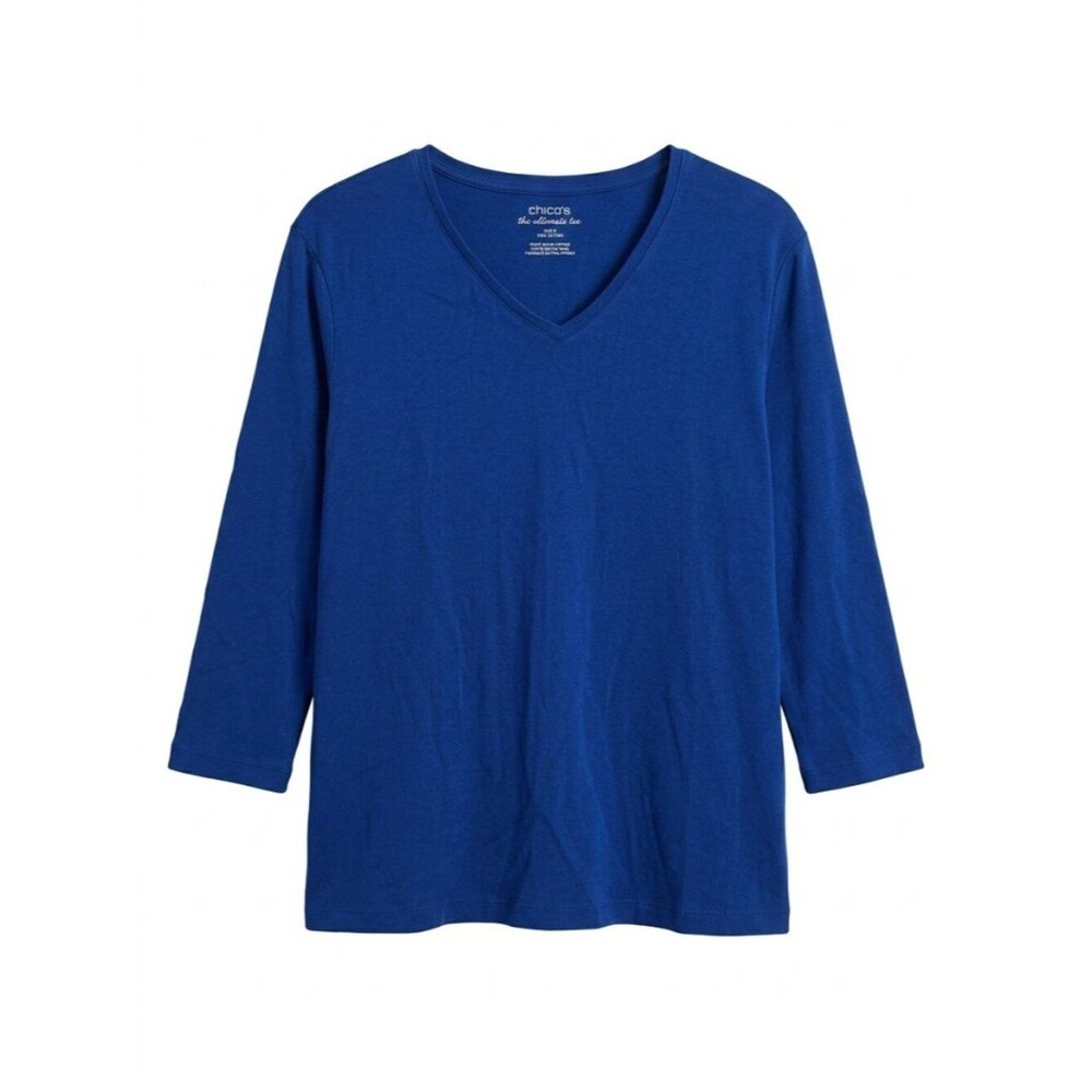 Chico's The Ultimate Tee | Cobalt Blue V-Neck 3/4 Sleeve Cotton Top Sz 2 (12-14)
